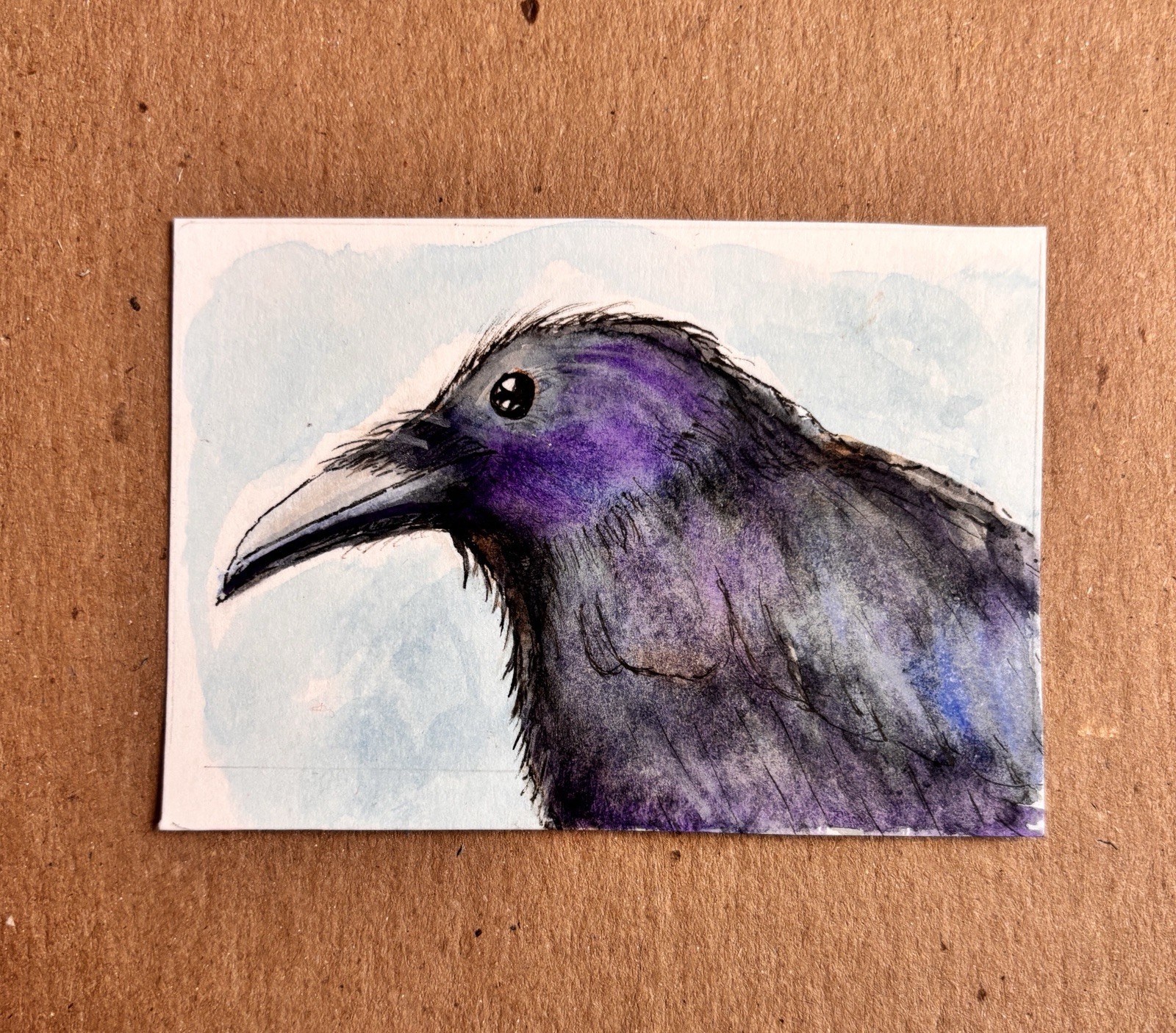 ACEO Original Watercolor Ink Raven Drawing, Miniature Contemporary Bird Art