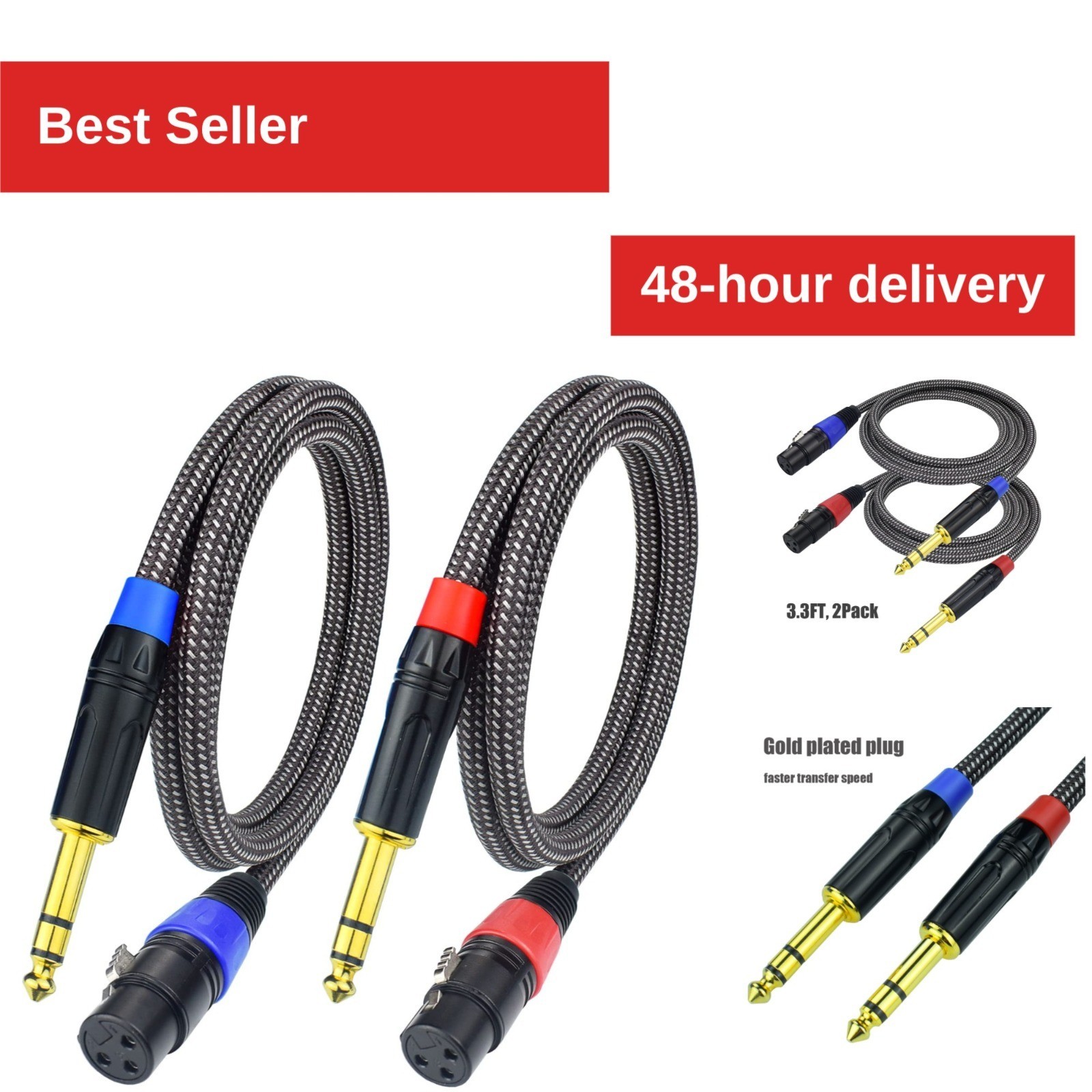 Ihurllu 1/4" TRS to XLR Female Microphone Cable - 3.3FT - 2 Pack