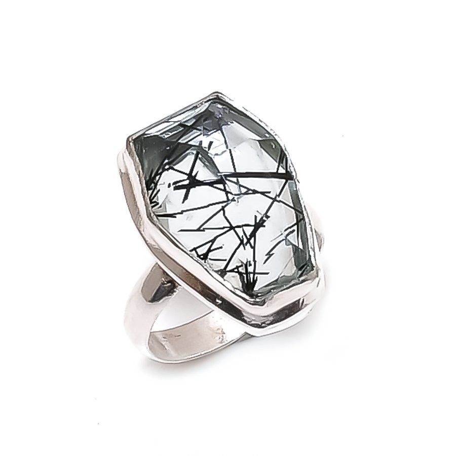 Black Rutile Gemstone 925 Sterling Silver Jewelry Ring Size 8 X-Mas Gift C452