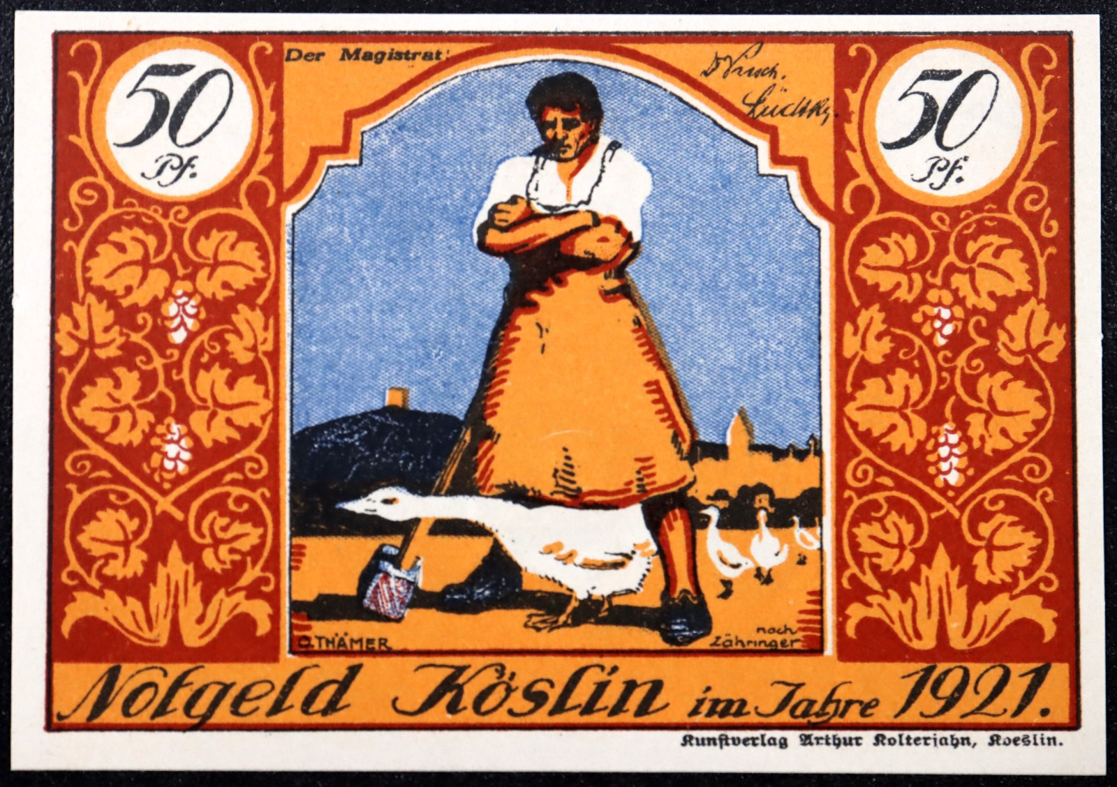 KÖSLIN / KOSZALIN 1921 "Goose Scene" 50 Pfennig German Notgeld Poland