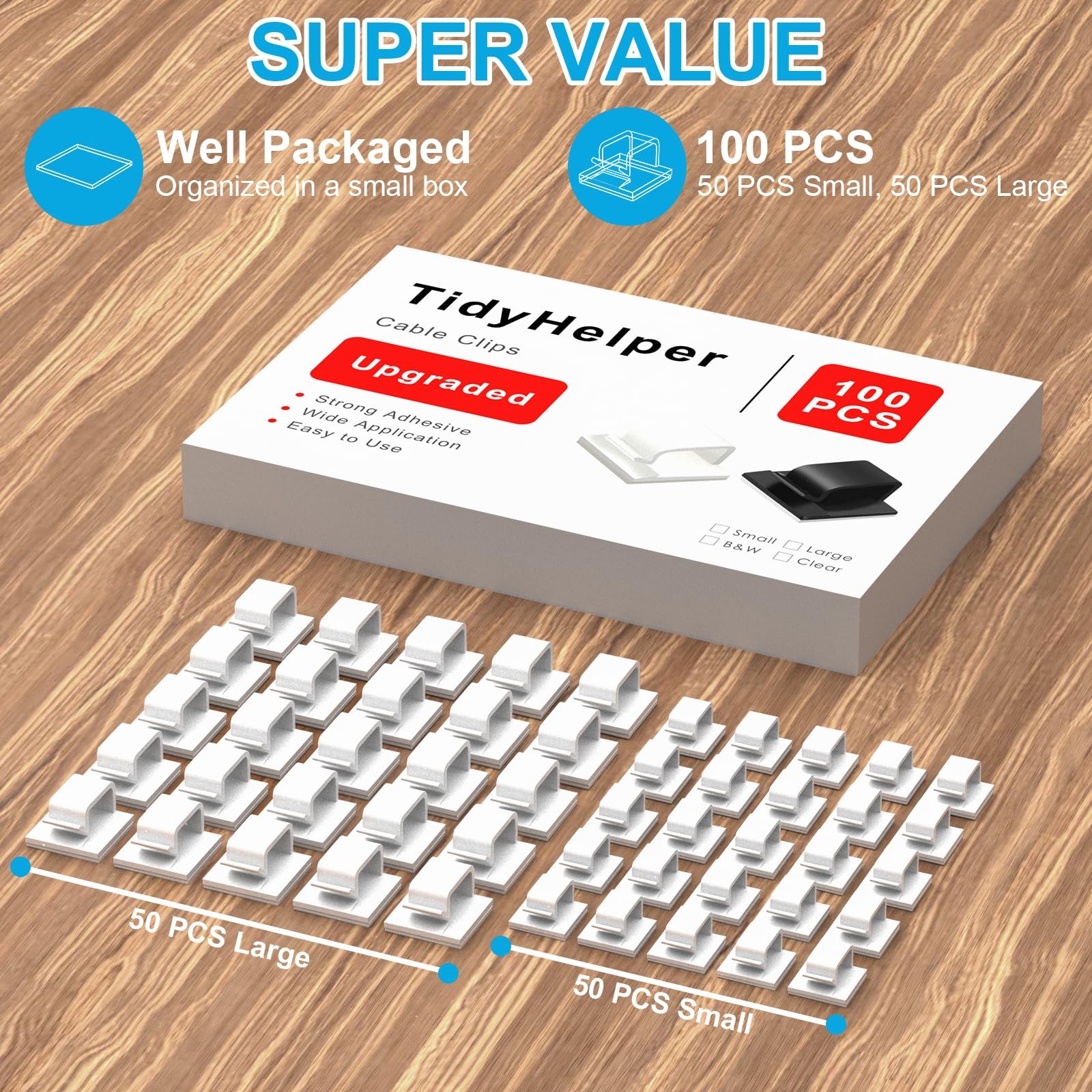 TidyHelper 100 PCS Adhesive Cable Clips White, Small & Large