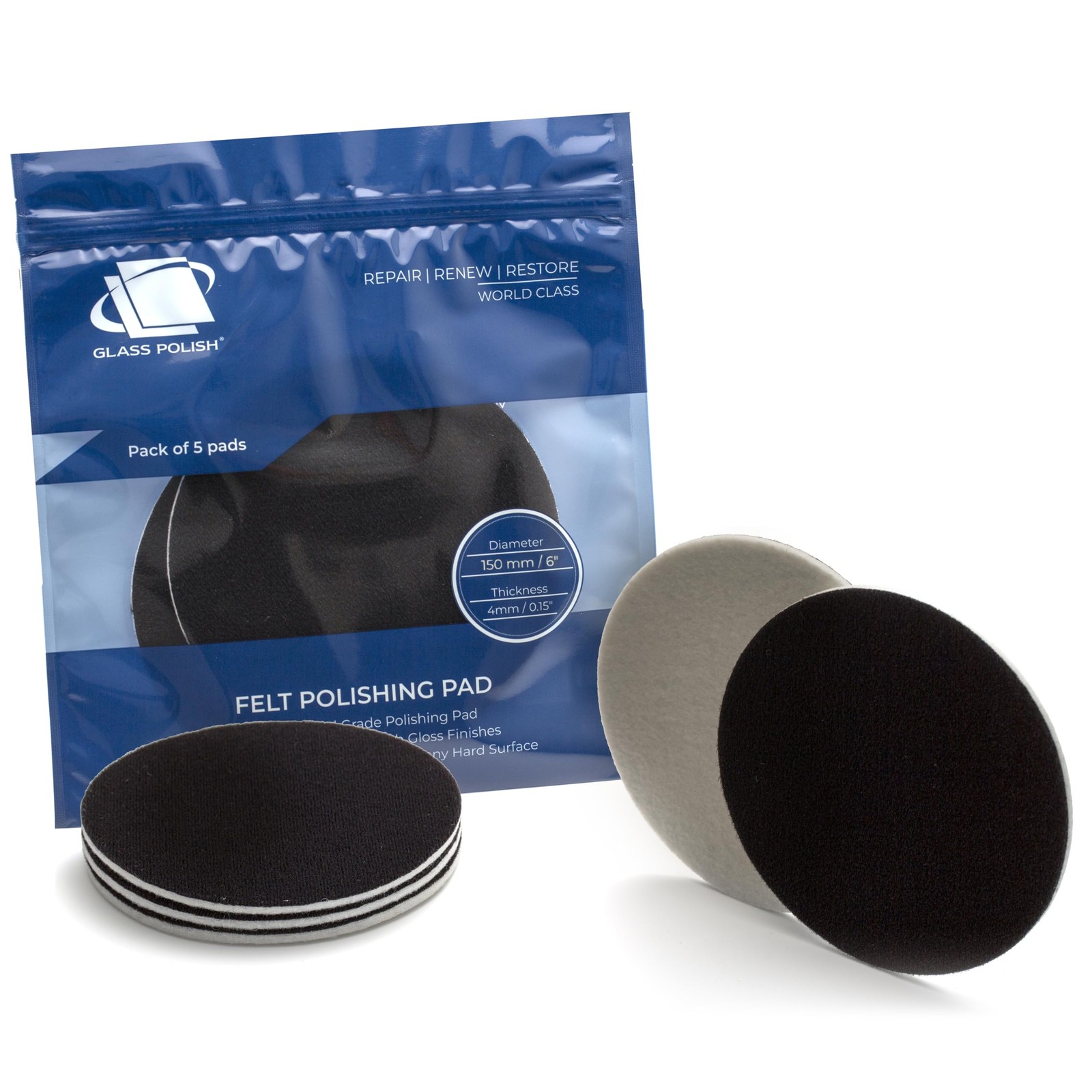 6 inch (150mm) Pack of 5 Felt Polishing Pads for Polishing Glass, Plastic,
