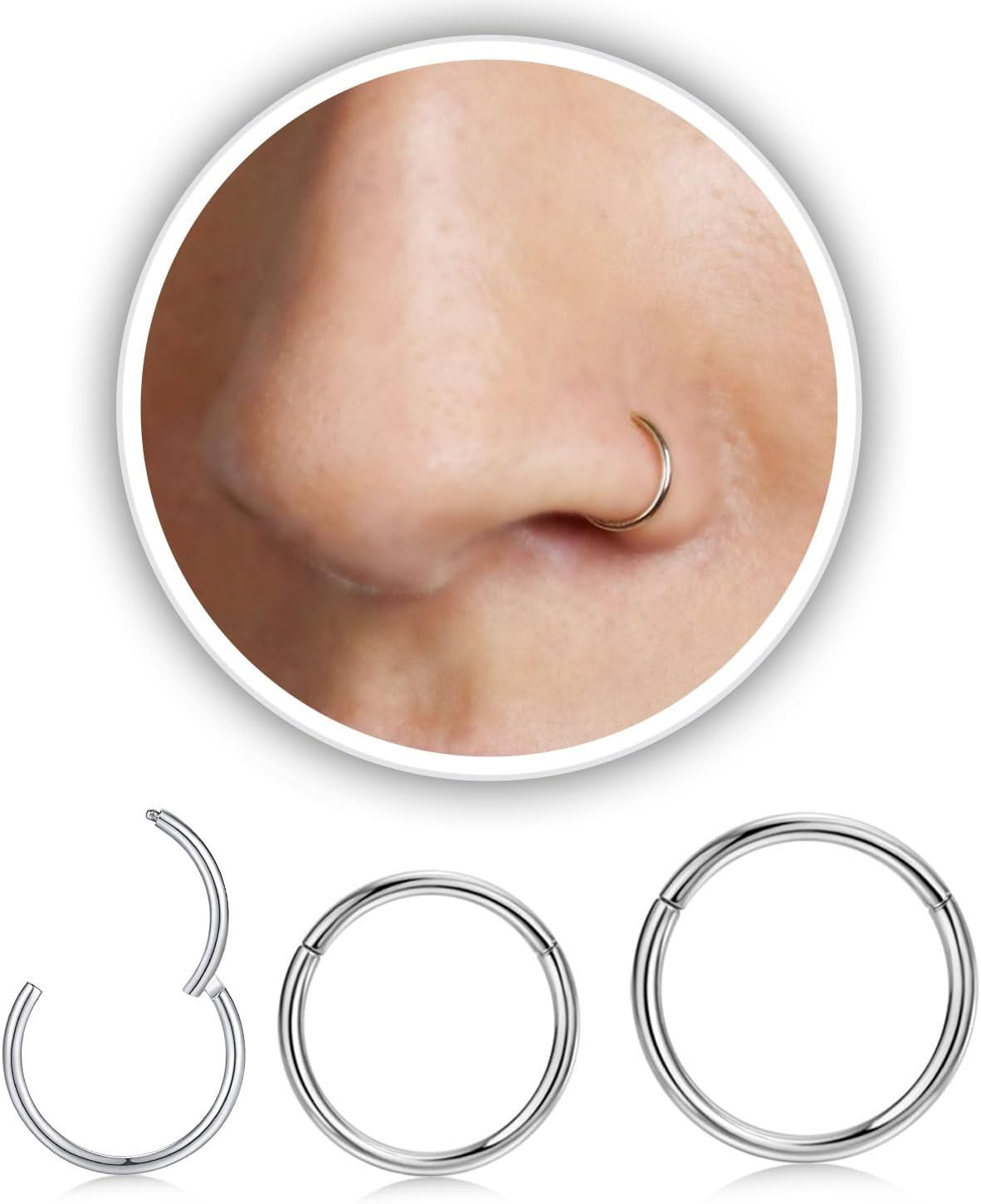 AMASIS Nose Rings Hoops - Men 3-Piece Assorted Sizes Pack,20Gauge, Silver