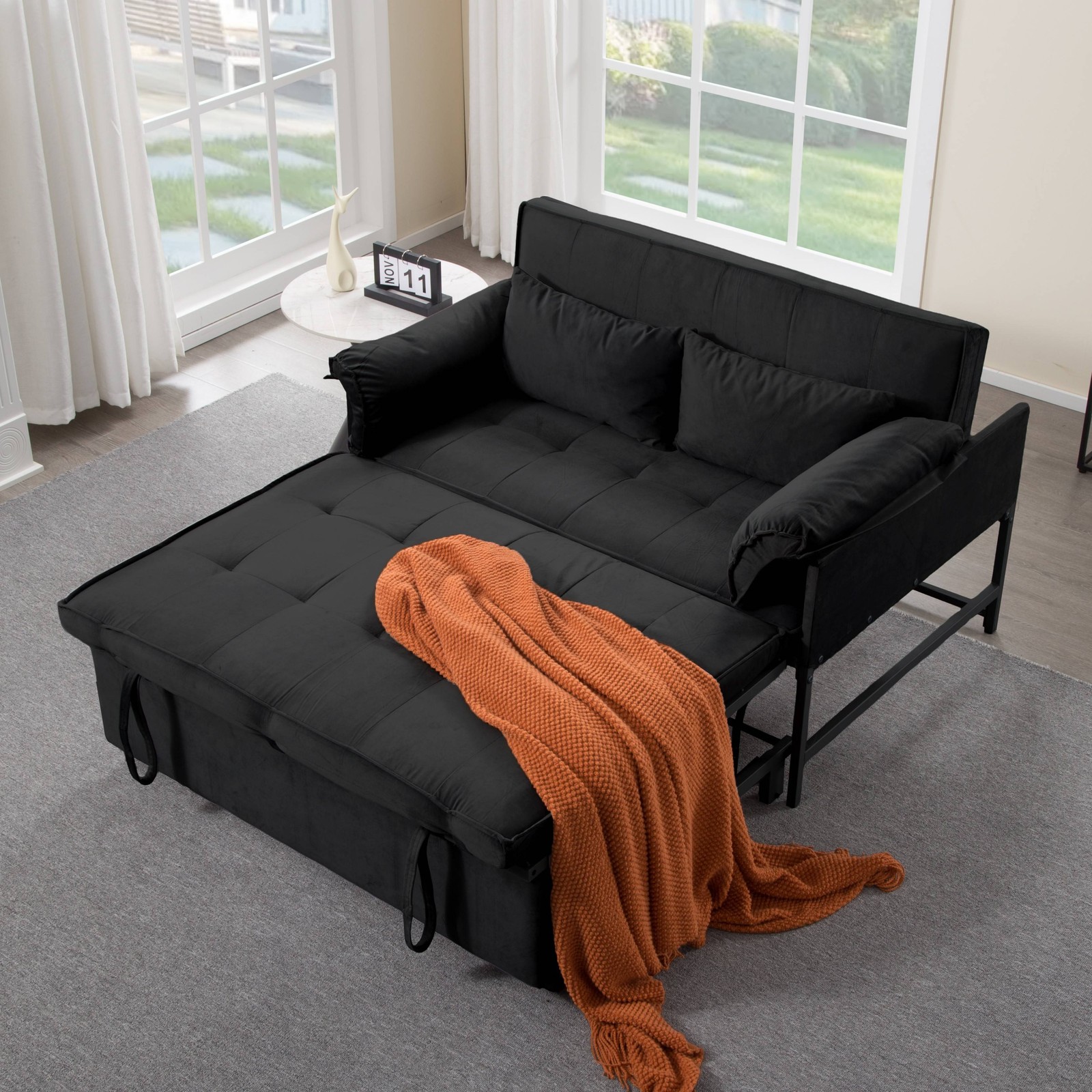 46" Velvet Sleeper Sofa Bed Twin Size Pull-Out Reclining Back 5 Angle Recline