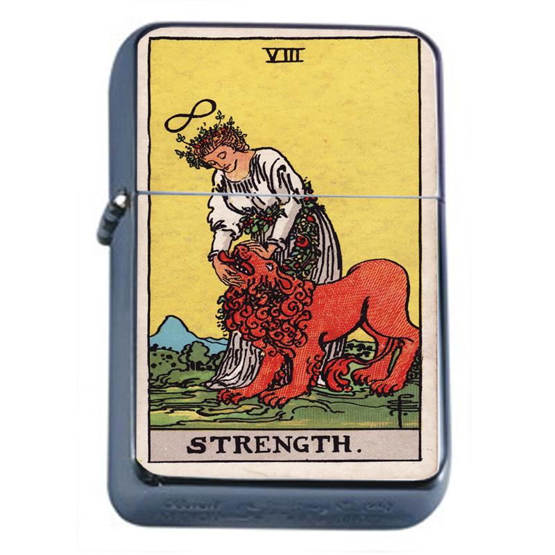 Tarot Card D10 Flip Top Oil Lighter Wind Resistant Flame VIII Strength