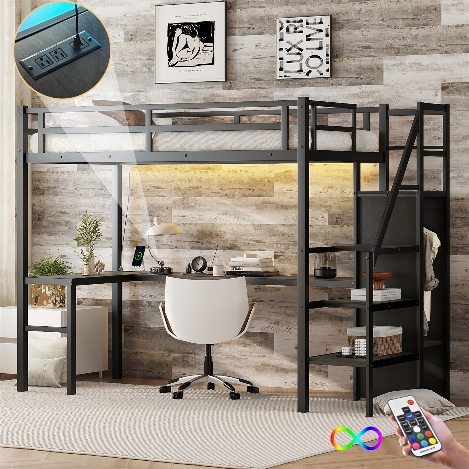 Twin XL Size Metal Loft Bed Metal Bed Frame with L Shaped Desk & Wardrobe US