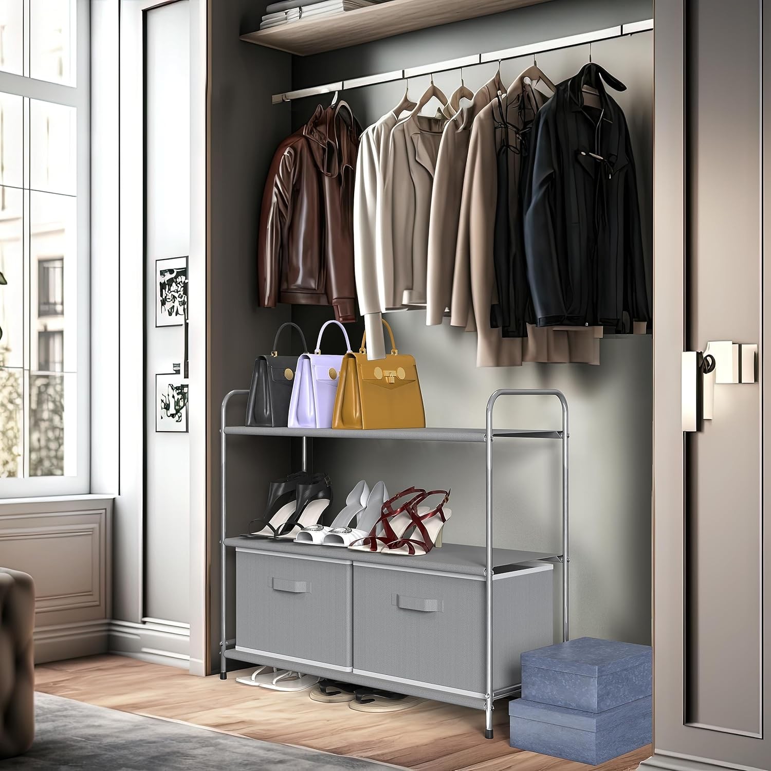3-Tier Closet Storage W/ 2 Drawers Grey