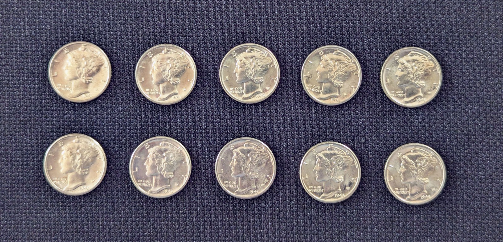 1943 Mercury Dimes – TEN FULL BAND/STRAP, 90% Silver, Nice Uncirculated examples