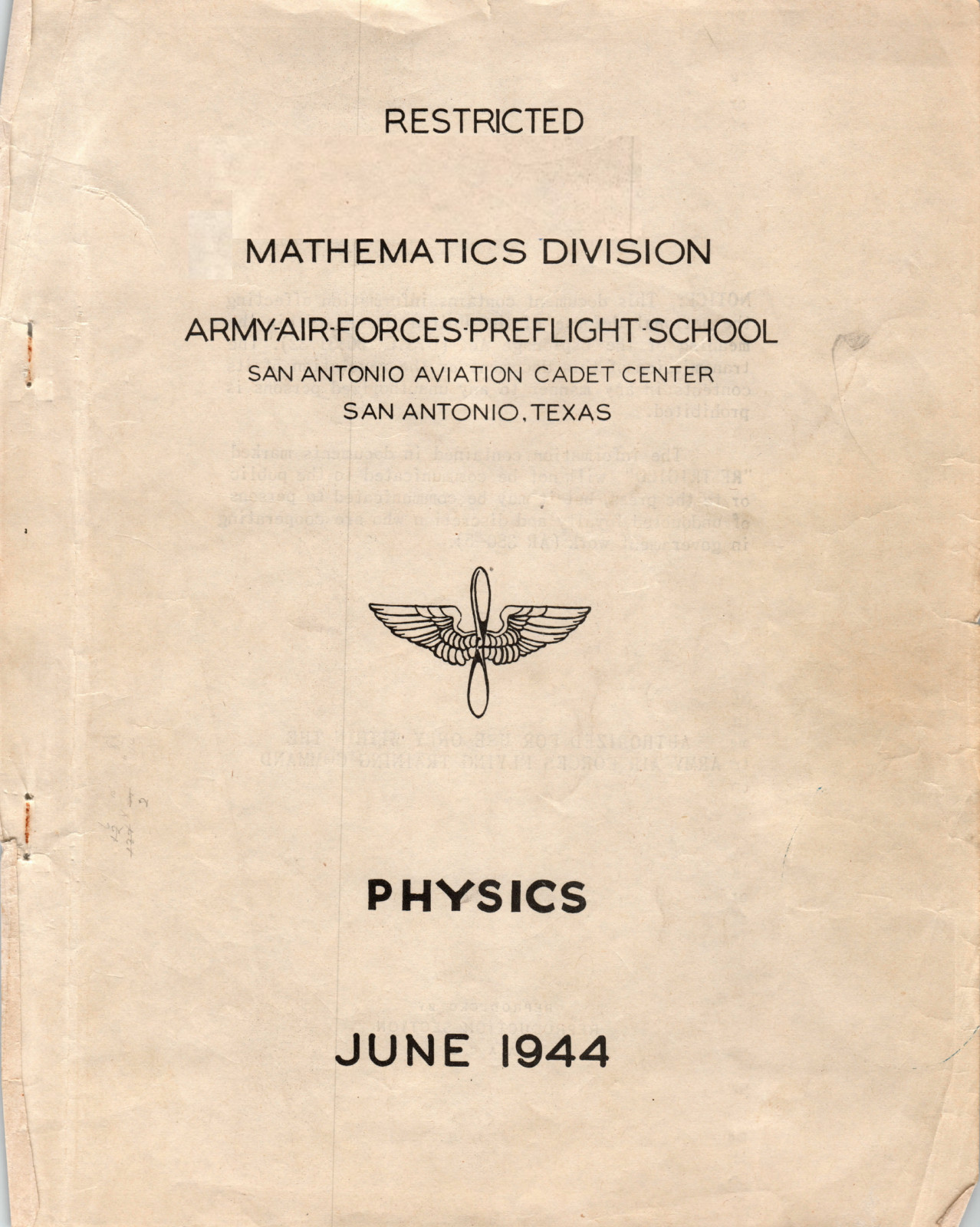 162 pg. 1944 AAF PREFLIGHT SCHOOL San Antonio AERO - PHYSICS Workbook on Data CD
