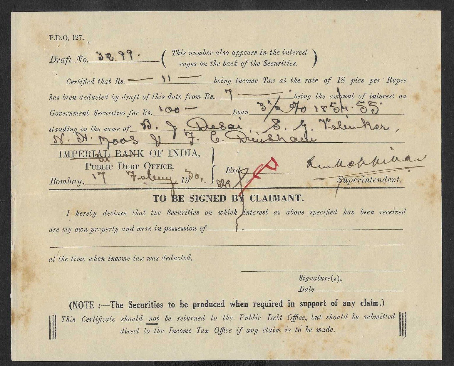 JN 1930 Imperial Bank of India Bombay Public Debt Office Income Tax Certificate