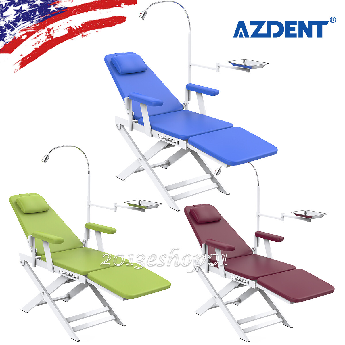 Portabe Dental Folding Chair LED Lamp Mobile Exam Chair Green/Blue/Burgundy