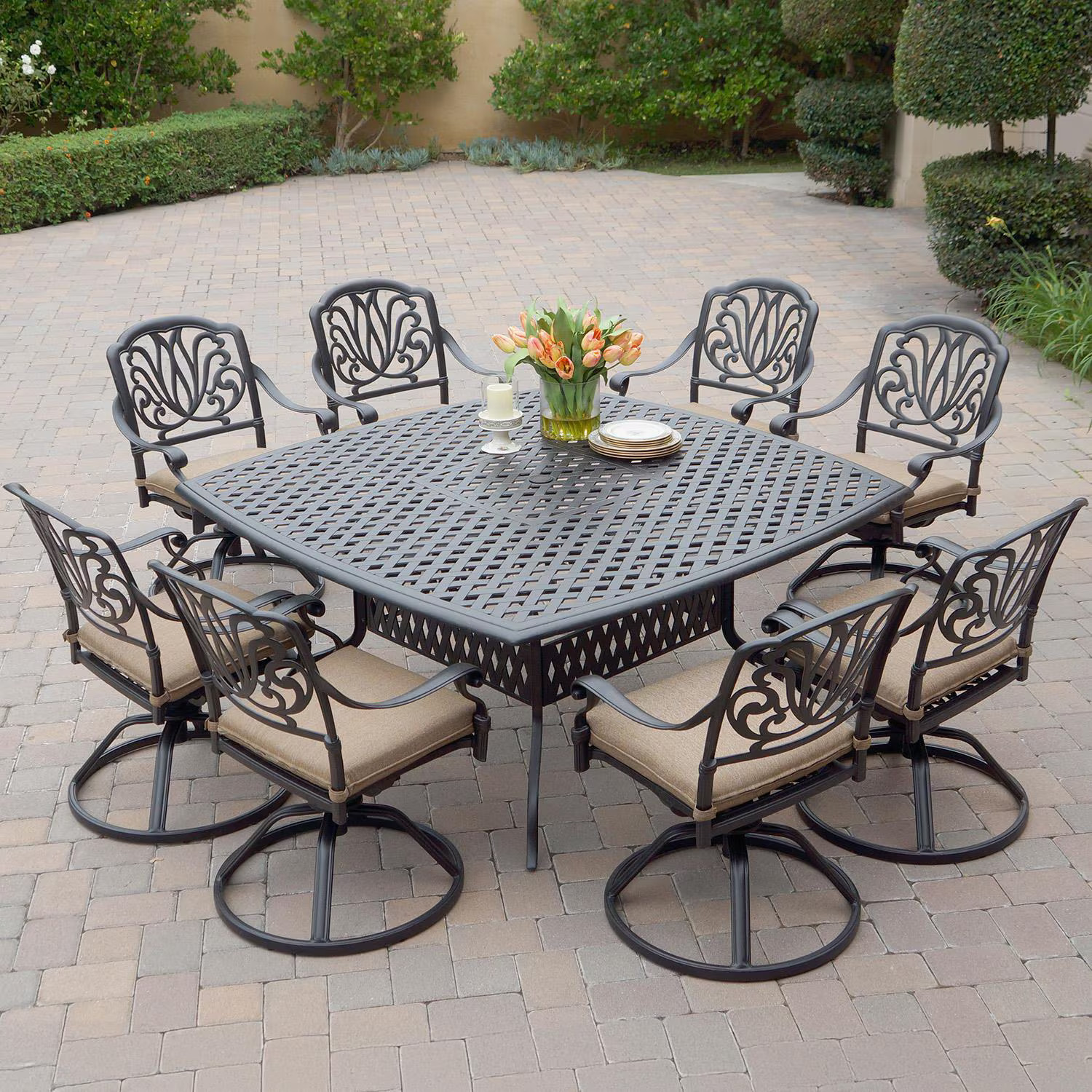 Elisabeth 9 Pc Cast Aluminum Dining Set 64 Inch Series 30 Table & Swivel