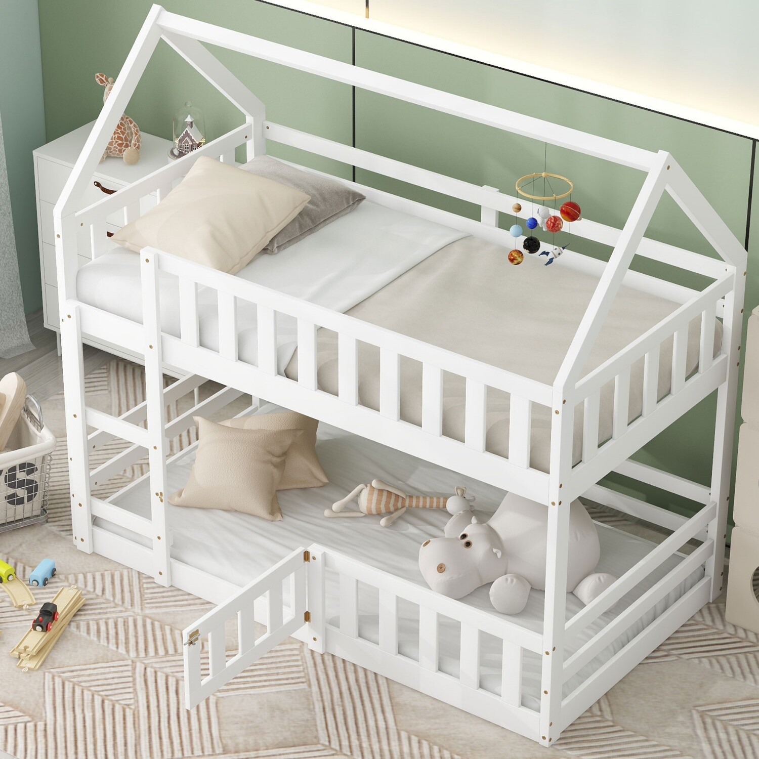 Twin Over Twin Bunk Bed WoodEN Bunk Bed Frame w/ Ladder White/Gray