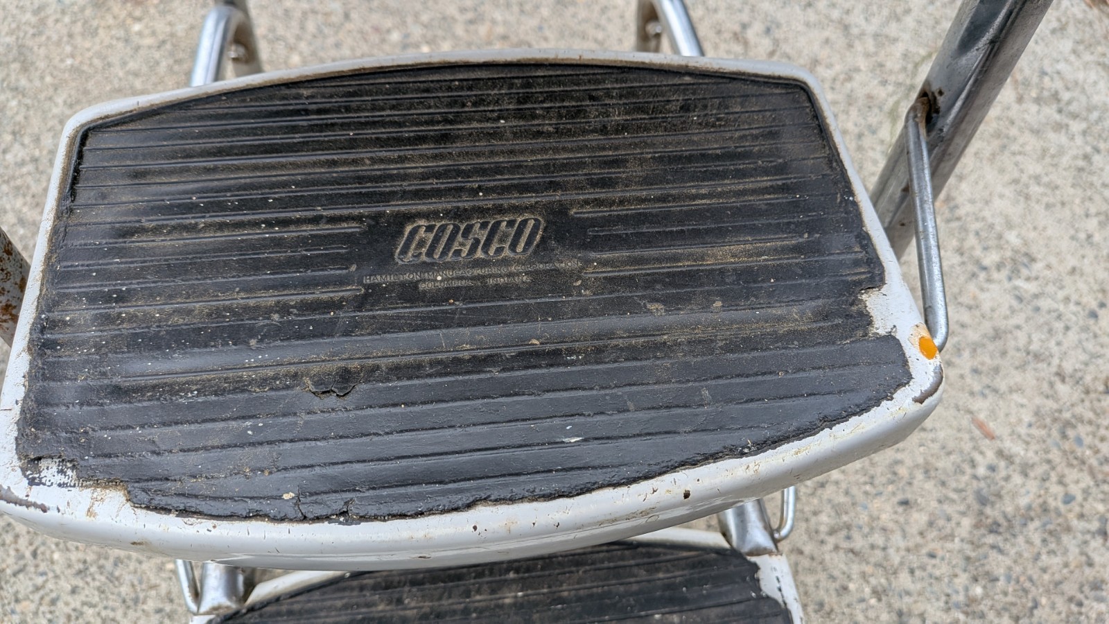 Vintage Aged White Cosco Step Stool Unique Back