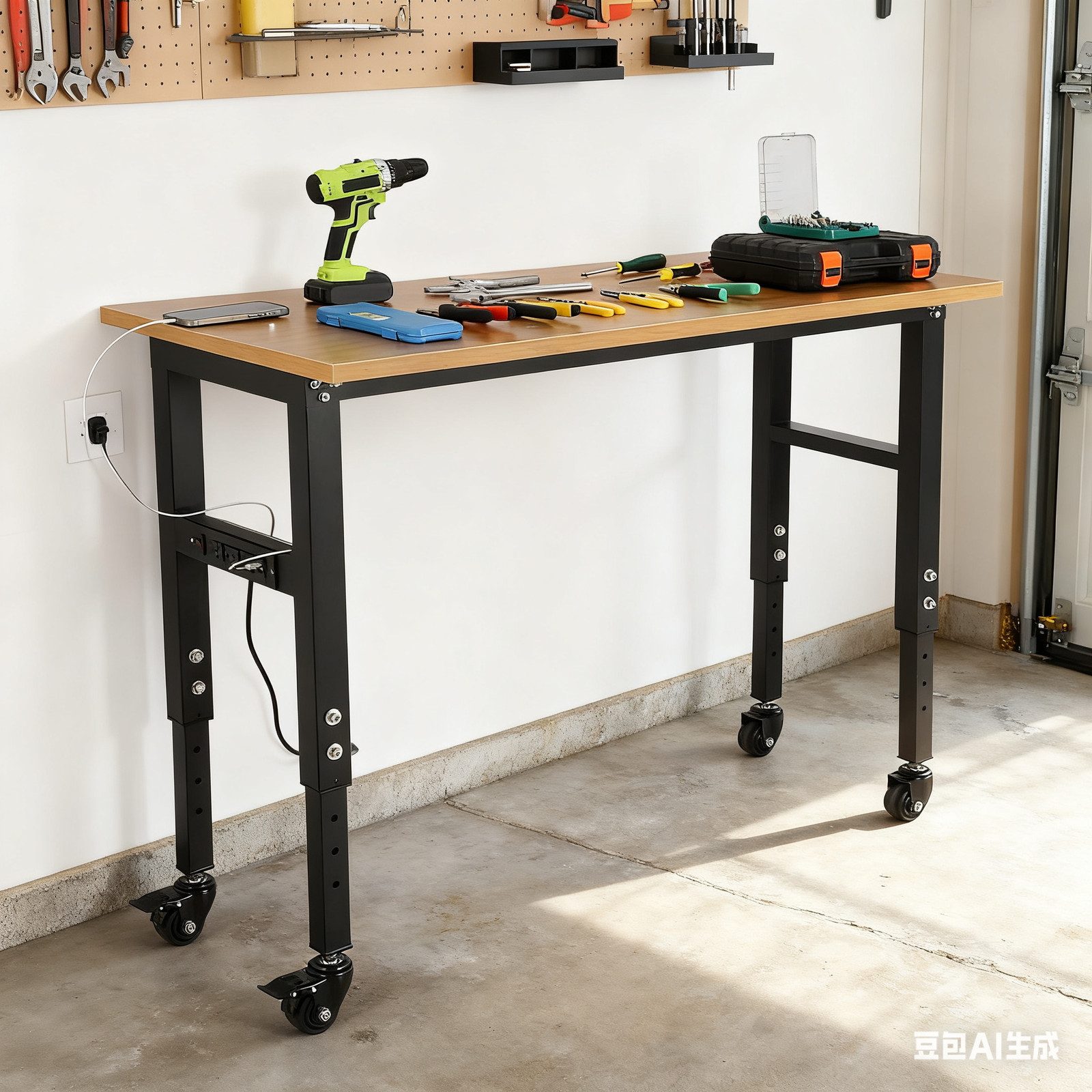 Adjustable 48" Workbench Heavy Duty Garage Table with Power Outlet for Workshop