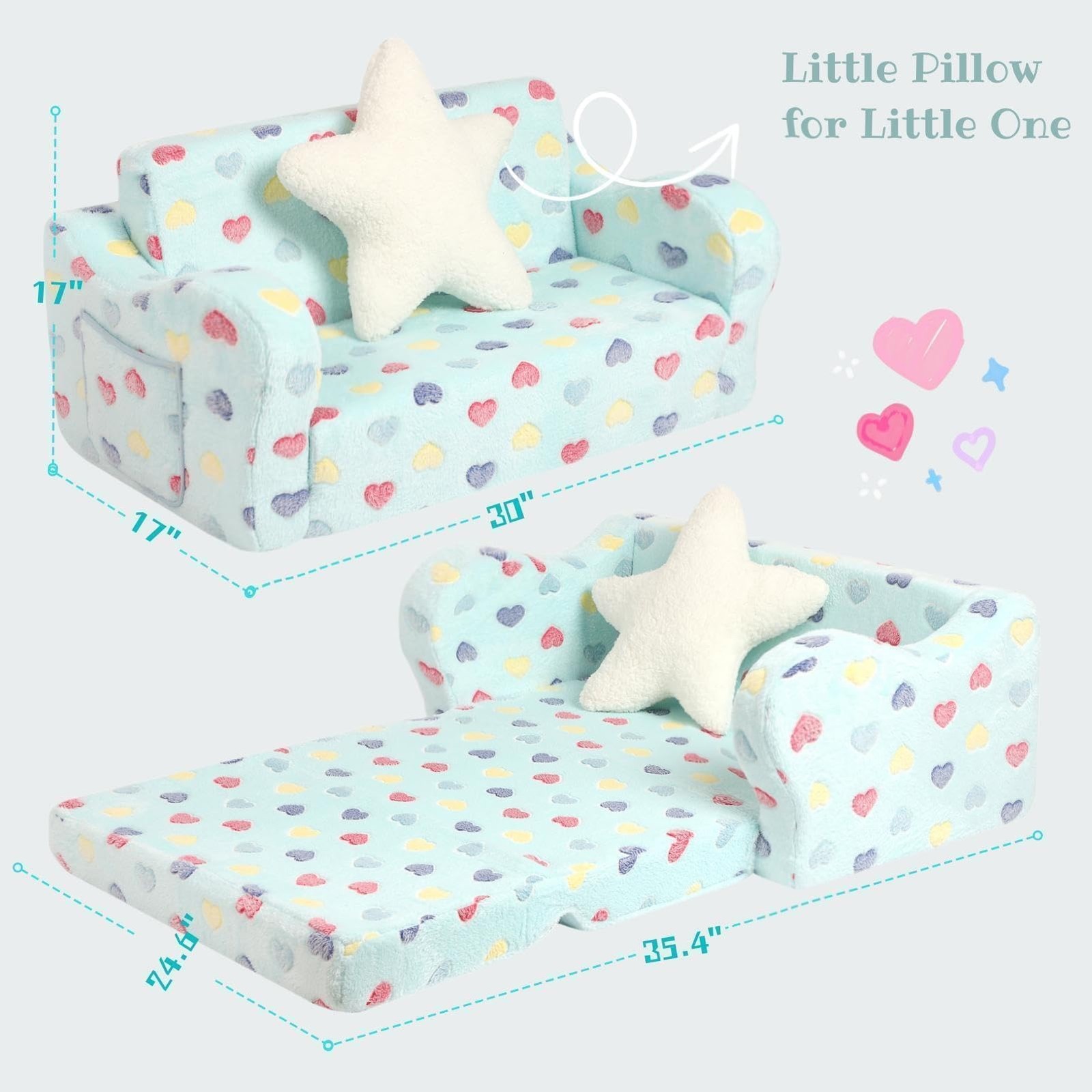 Couch, 2-in-1 Soft Couch Fold Out with Star Pillow, Foldable Sofa to Lounger,...