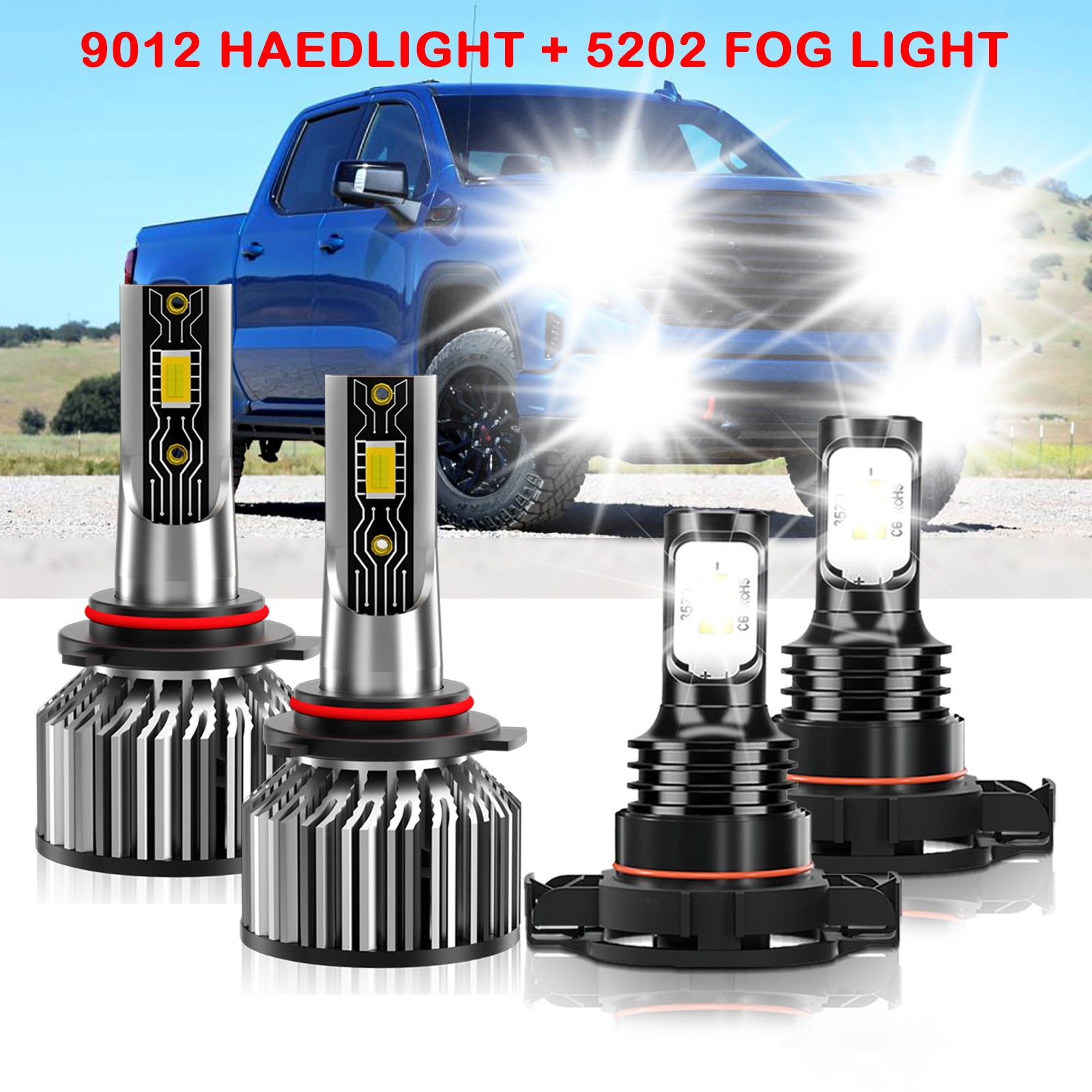 For 2014 2015 GMC Sierra 1500 White 9012 LED Headlight +5202 Fog Light Bulb 4x