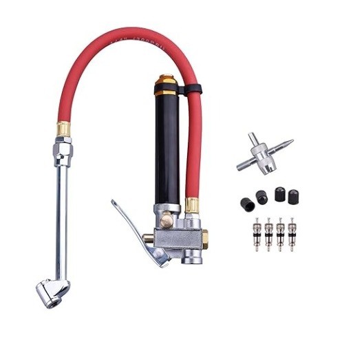 Heavy Duty Dual Head Tire Inflator Gauge with 12 Inch Air Hose, Tire Pressure Ga
