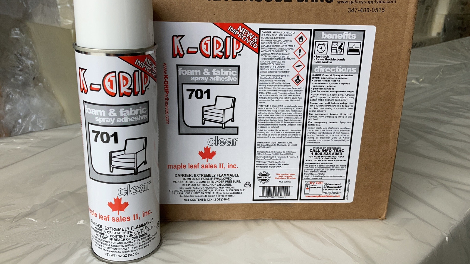 K-Grip 701 Clear Upholstery Adhesive 12 Cans / Case ---- NJ & NY PICK UP ONLY