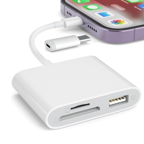 SD Card Reader for iPhone iPad USB-C Lightning SD TF Camera Adapter White