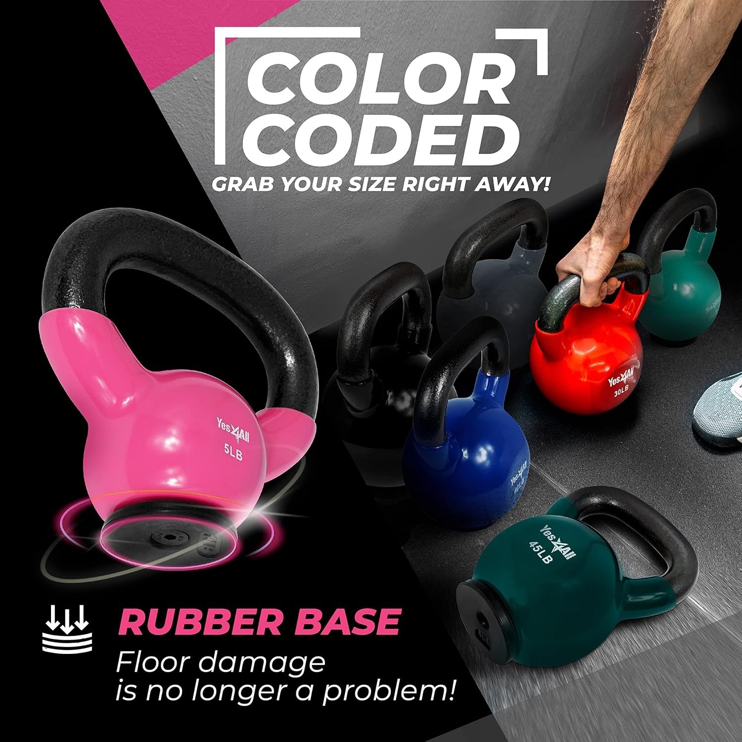 Durable Rubber Bottom Kettlebells 5-65 lbs - Ideal for Home Strength Training