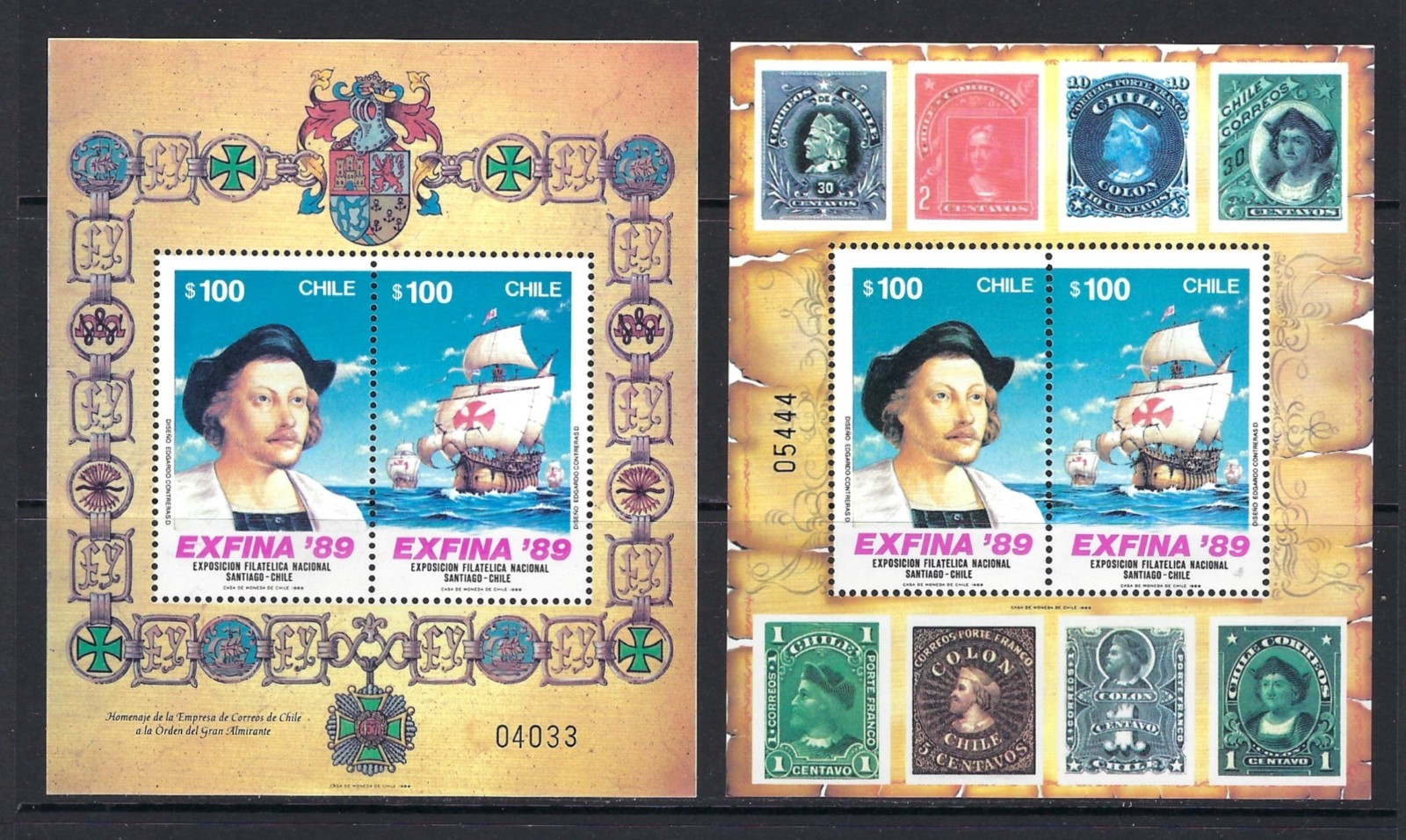 CHILE #821b,c MINT, NH SOUVENIR SHEETS