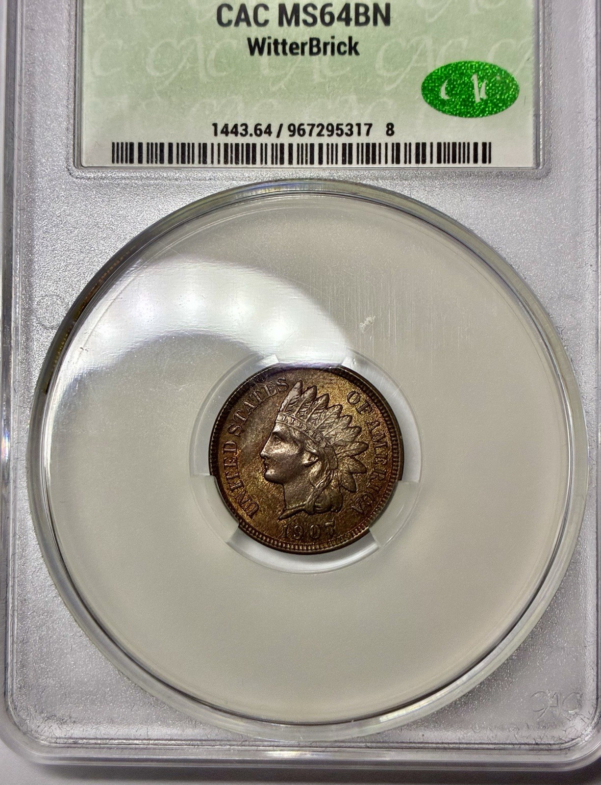 1907 Indian Head Cent CAC MS64BN Toned Witterbrick 1st Edition