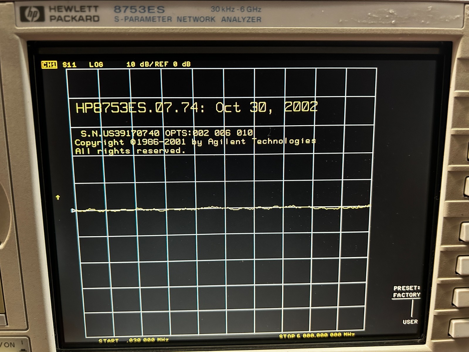 Hewlett Packard 8753ES, S-Parameter Network Analyzer, 30kHz-6GHz, 002, 006 & 010