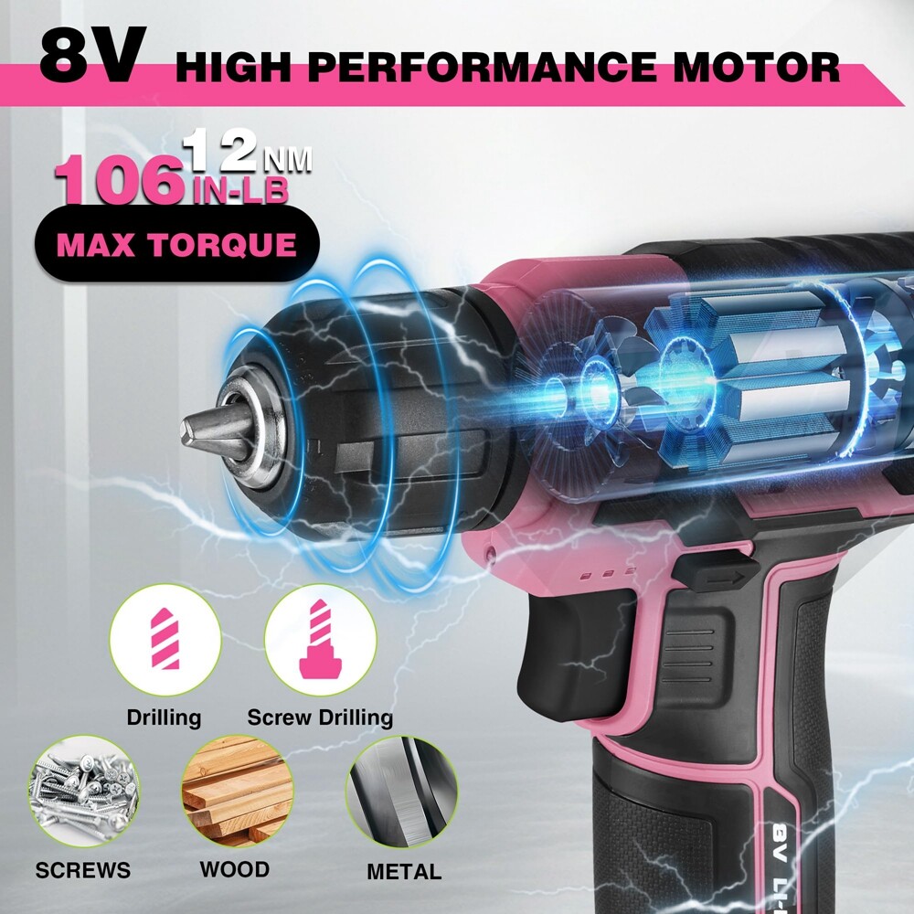 WORKPRO Pink Cordless Drill Driver Set 3/8 Keyless Chuck 53pc Bit Electric Drill
