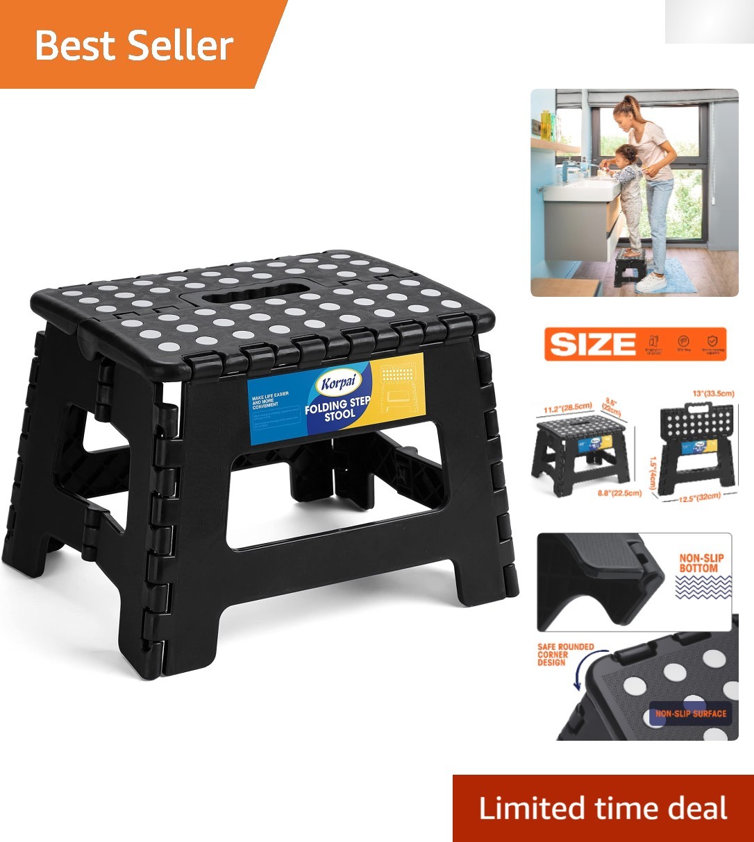Compact 9-Inch Plastic Folding Step Stool - Safe & Slip-Resistant for All Ages