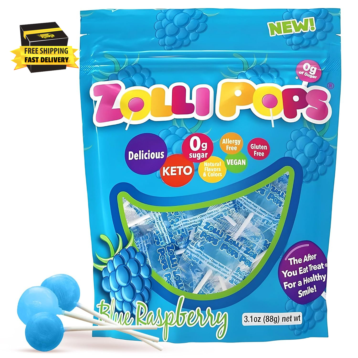 Zollipops Clean Teeth Pops Sugar Free Candy, Dye-Free Lollipops - Keto & Diabeti