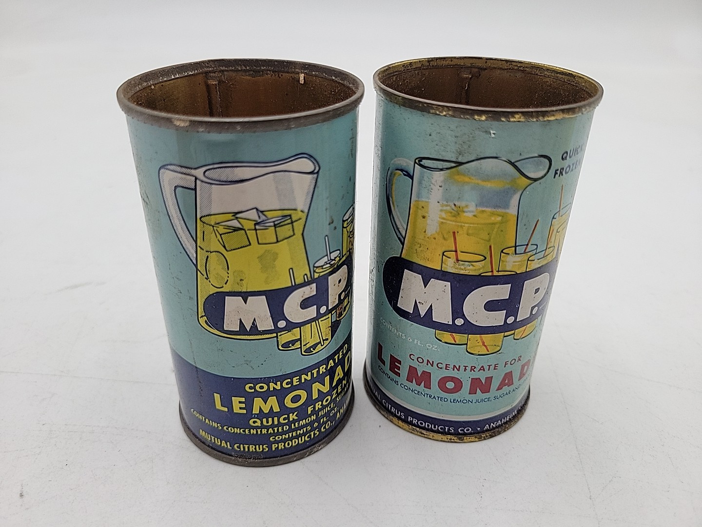 MCP Lemonade juice Flat Top Cans Mutual Citrus ANAHEIM California. Set Of 2
