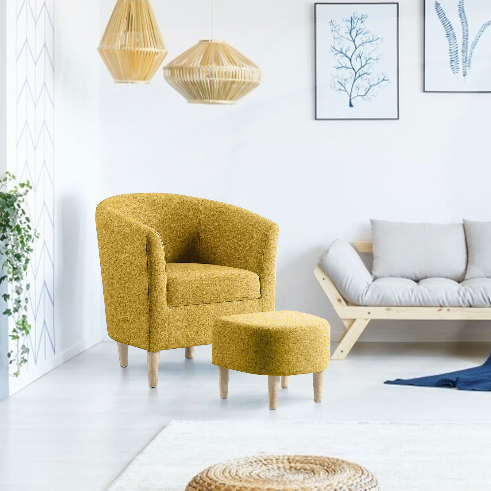 Arm Chair Linen Fabric Accent Upholstered Single Sofa With Ottoman Living Room