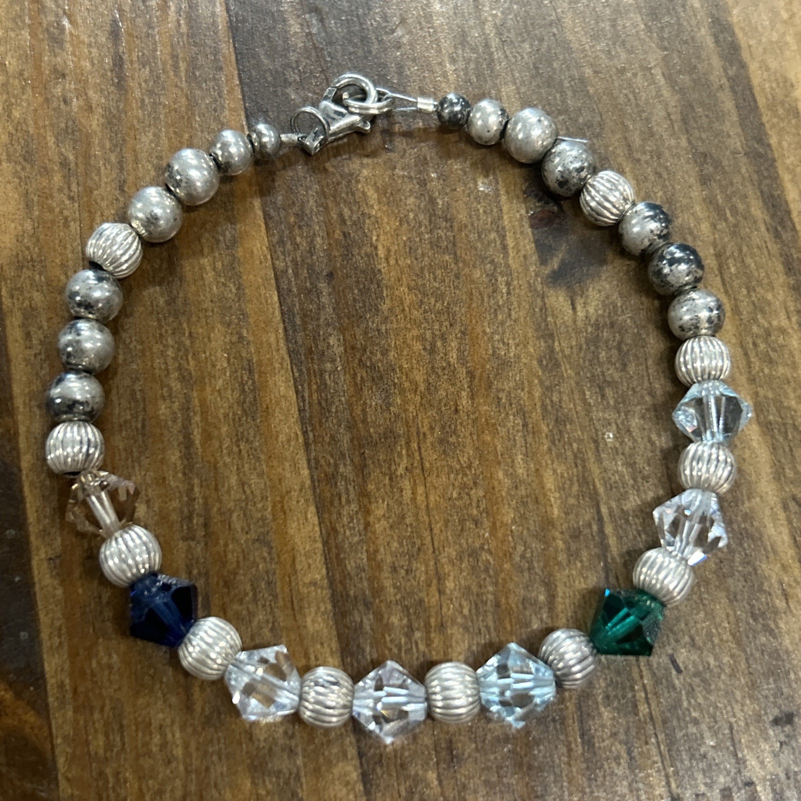 8.5” 925 Silver Bracelet Glass Beads Green Blue Orange Clear Beads 10.82 Grams