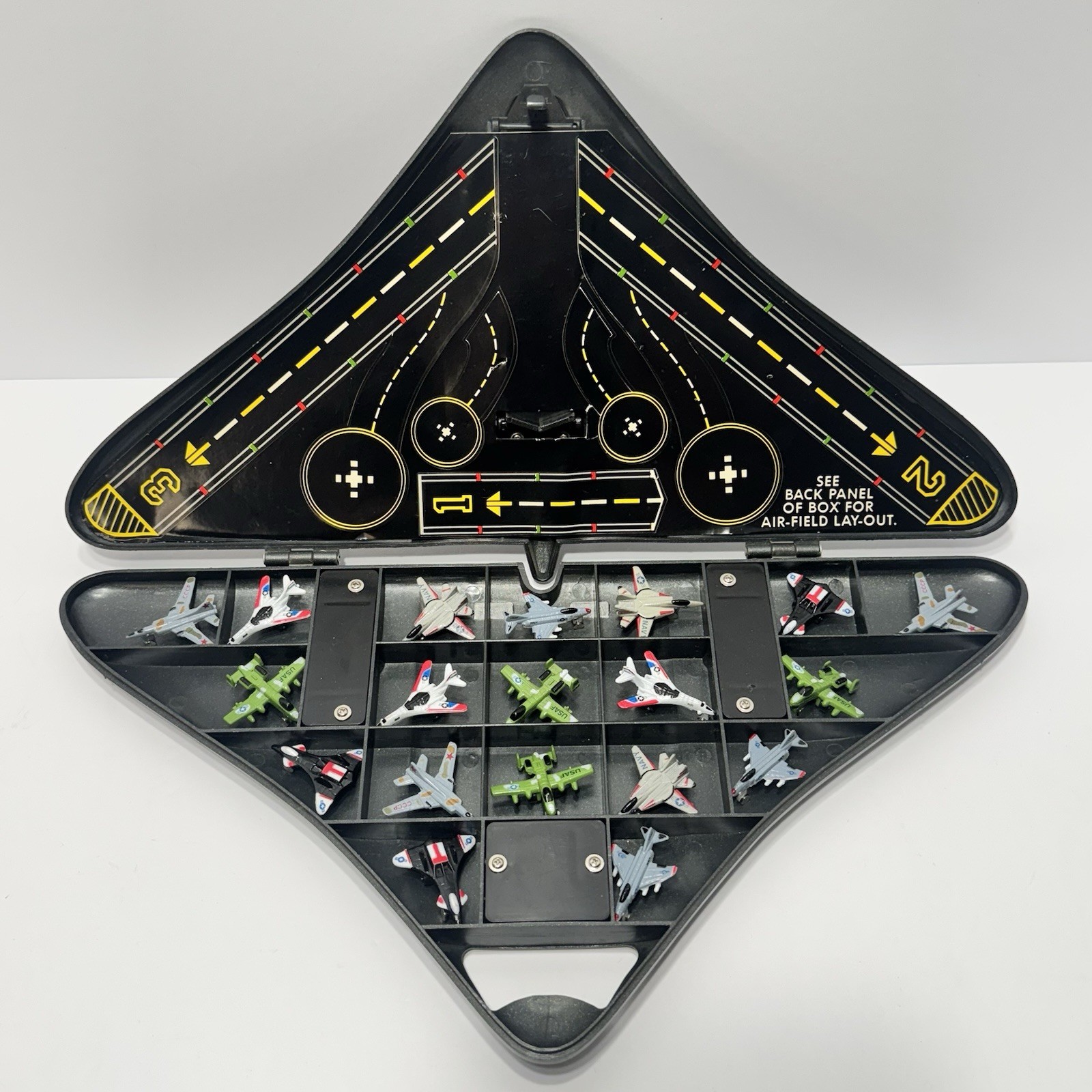 1989 Micro Machines Black Grey Stealth Bomber Carring Case w/ 19 Aircraft Toys