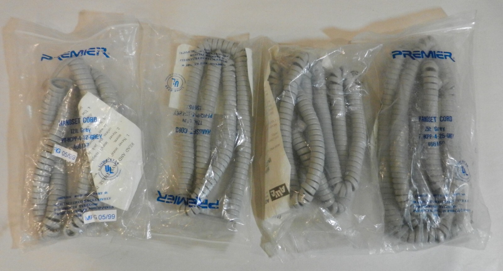 Lot of 4 PREMIER Commercial Phone Handset Cords Gray -NEW in Packages