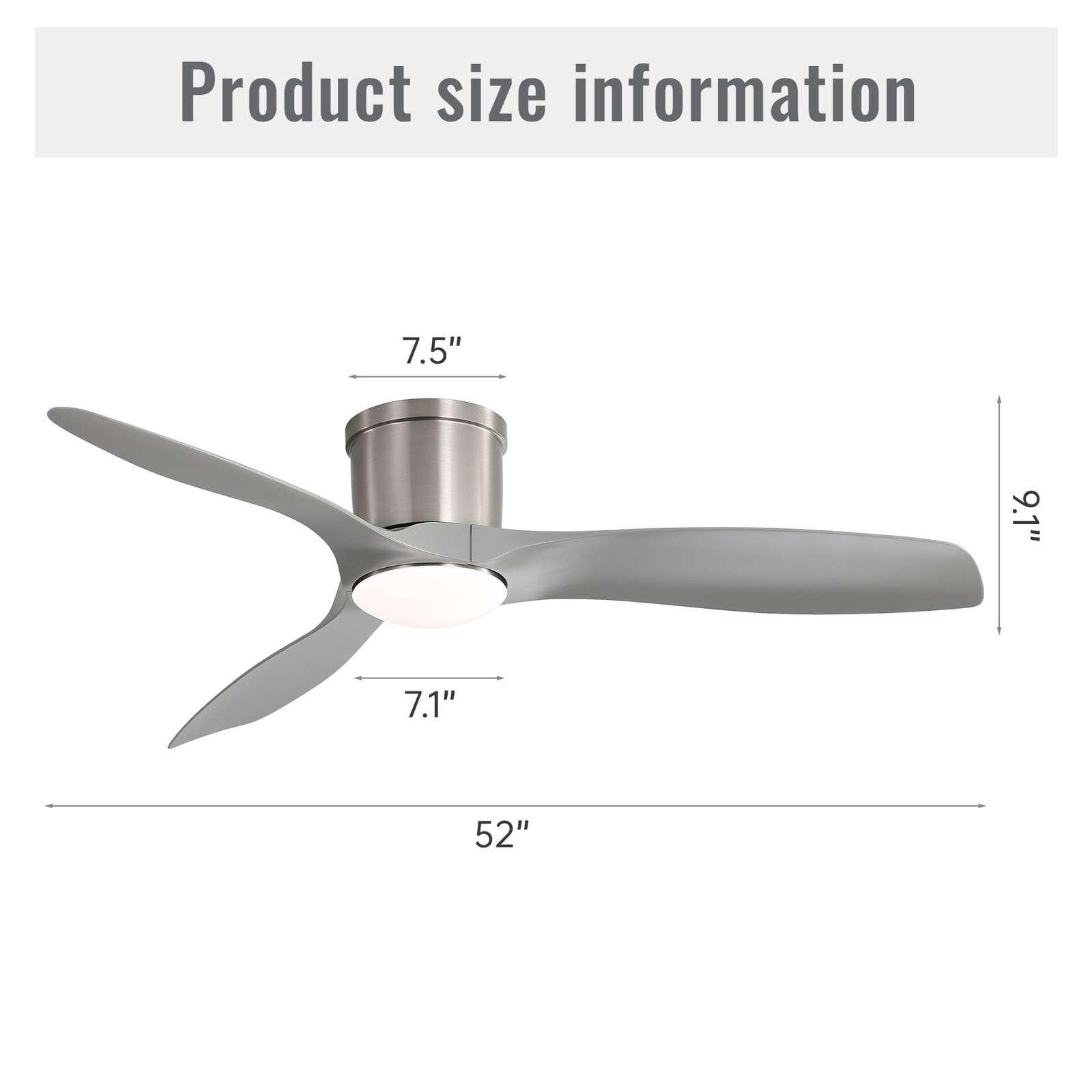 52"Flush Mount Ceiling Fan with Dimmable Led Light 3 ABS Fan Blades Reversible