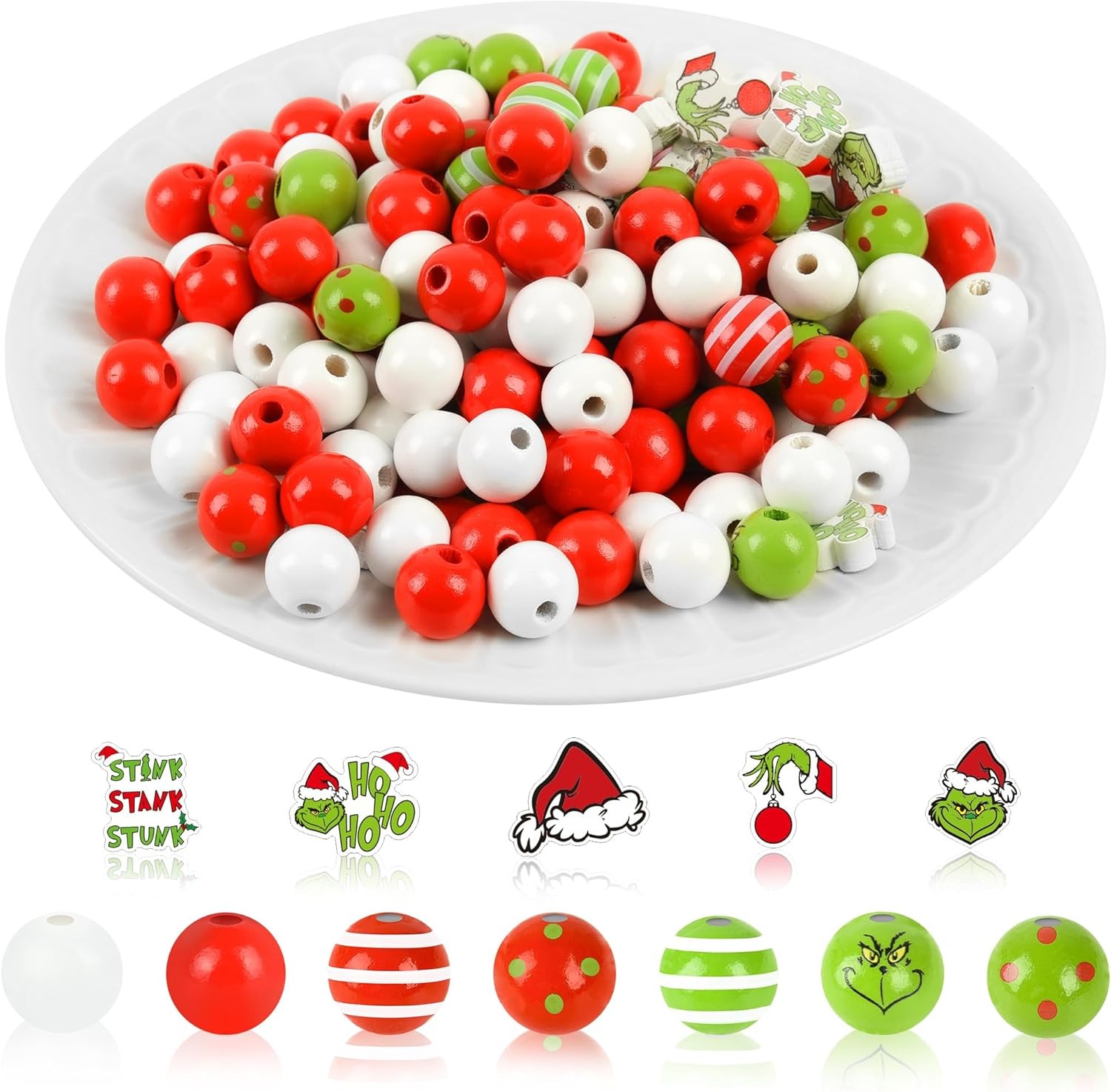 Wooden Christmas Beads - 240 Decorative Red Green Round Craft Beads