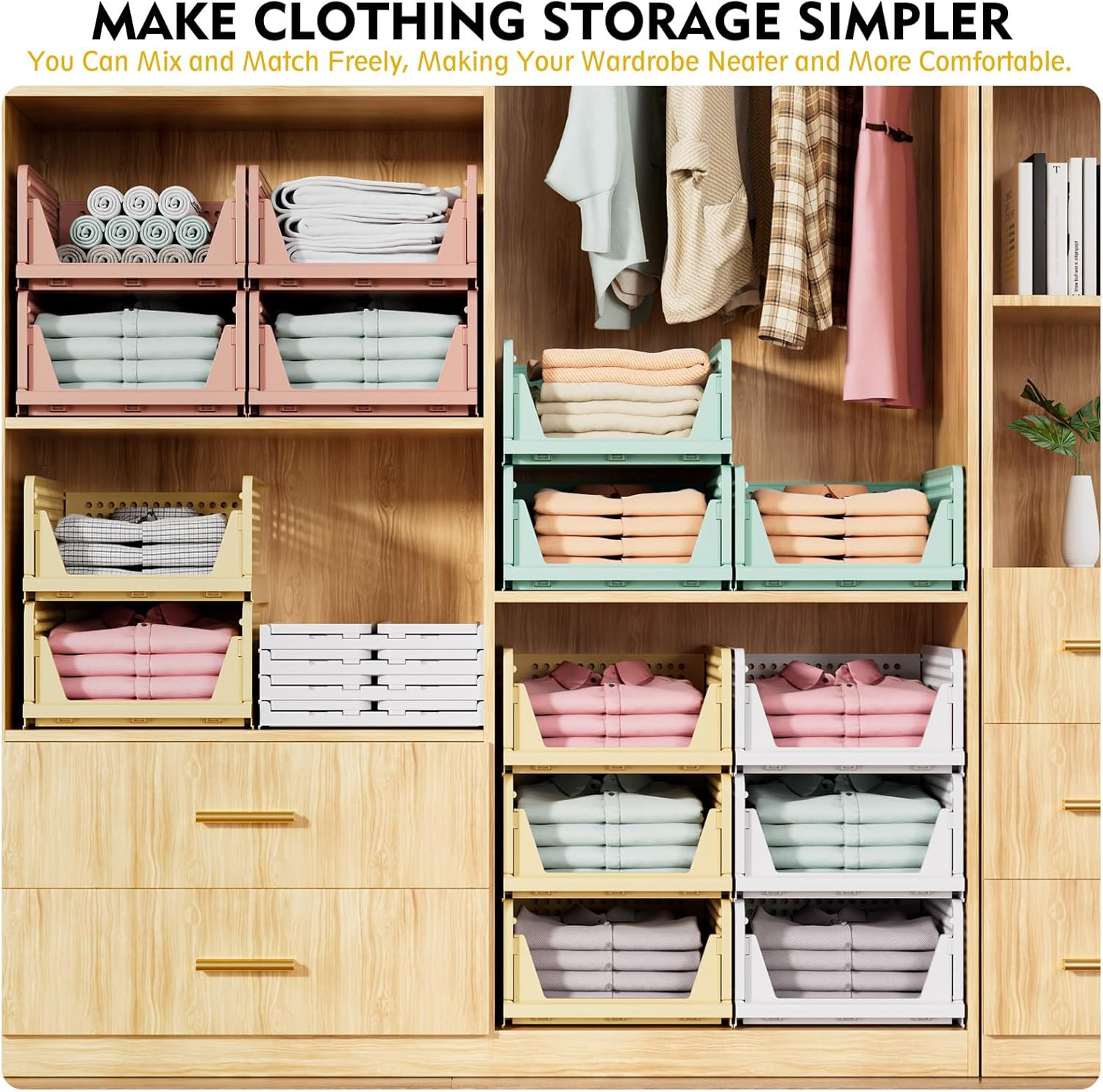 5 Pack Stackable Closet Storage Basket, Multifunctional & Foldable Closet Organi