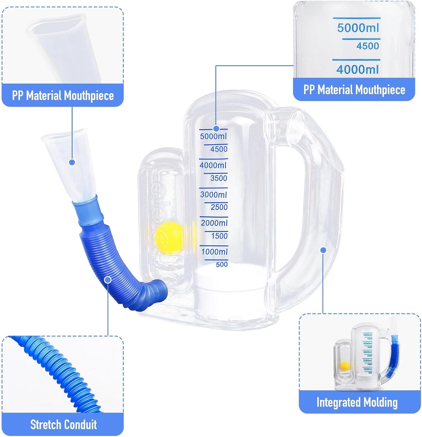 Incentive Spirometer Adult, Breathing Exercise Device for Lungs, Deep 5000ml