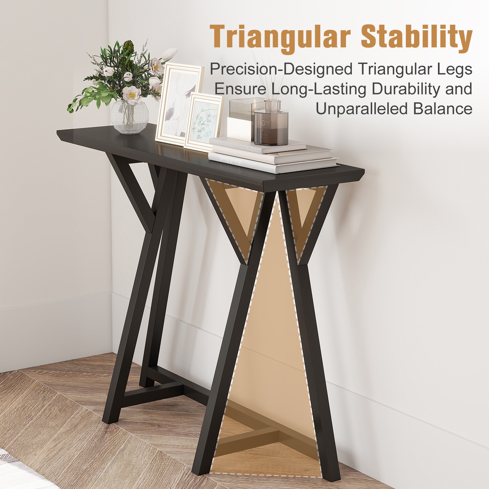 Black Console Table, Triangle Structure Design Sofa Table for Living Room