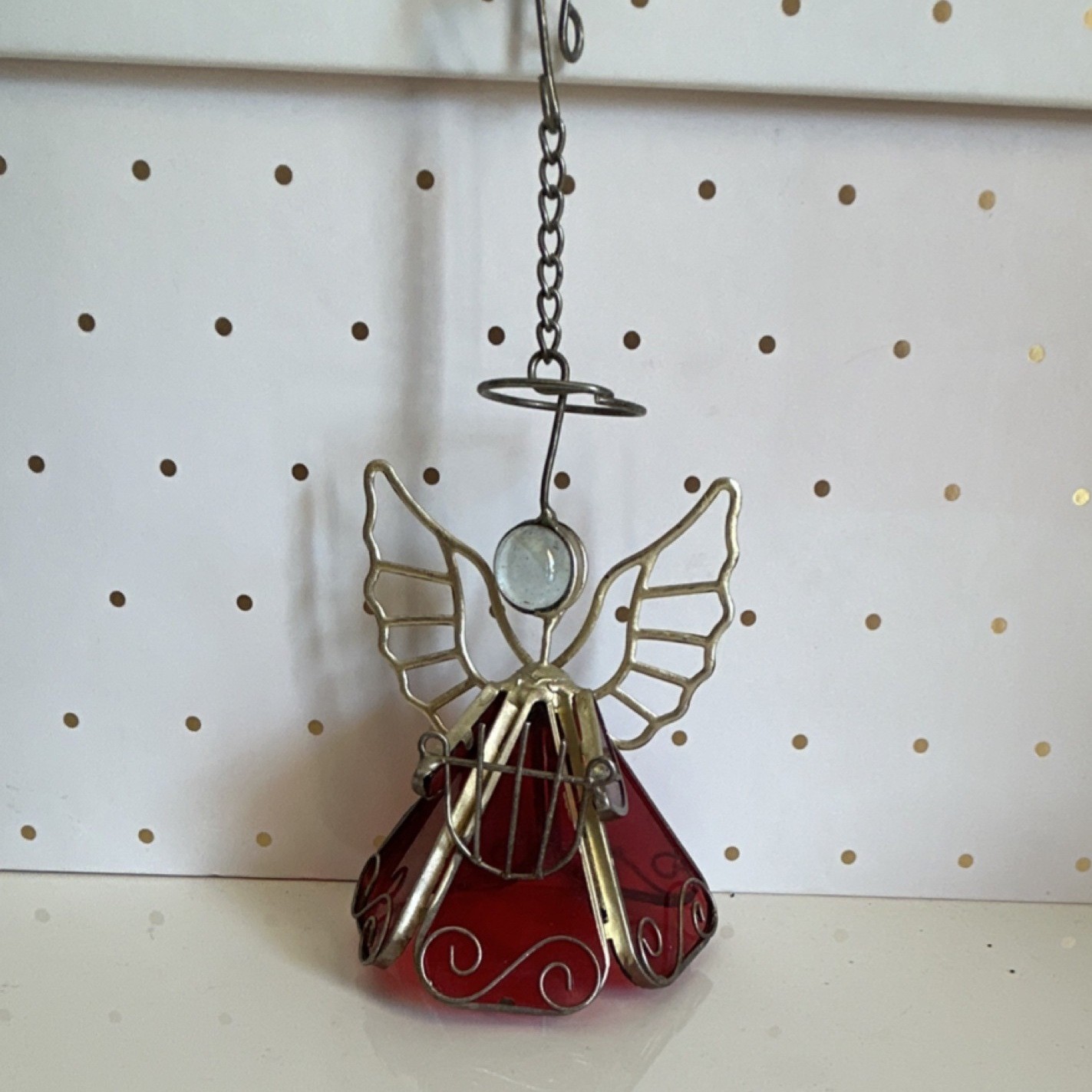 Red Glass Angel Suncatcher Hanging Ornament Metal Small 4 in