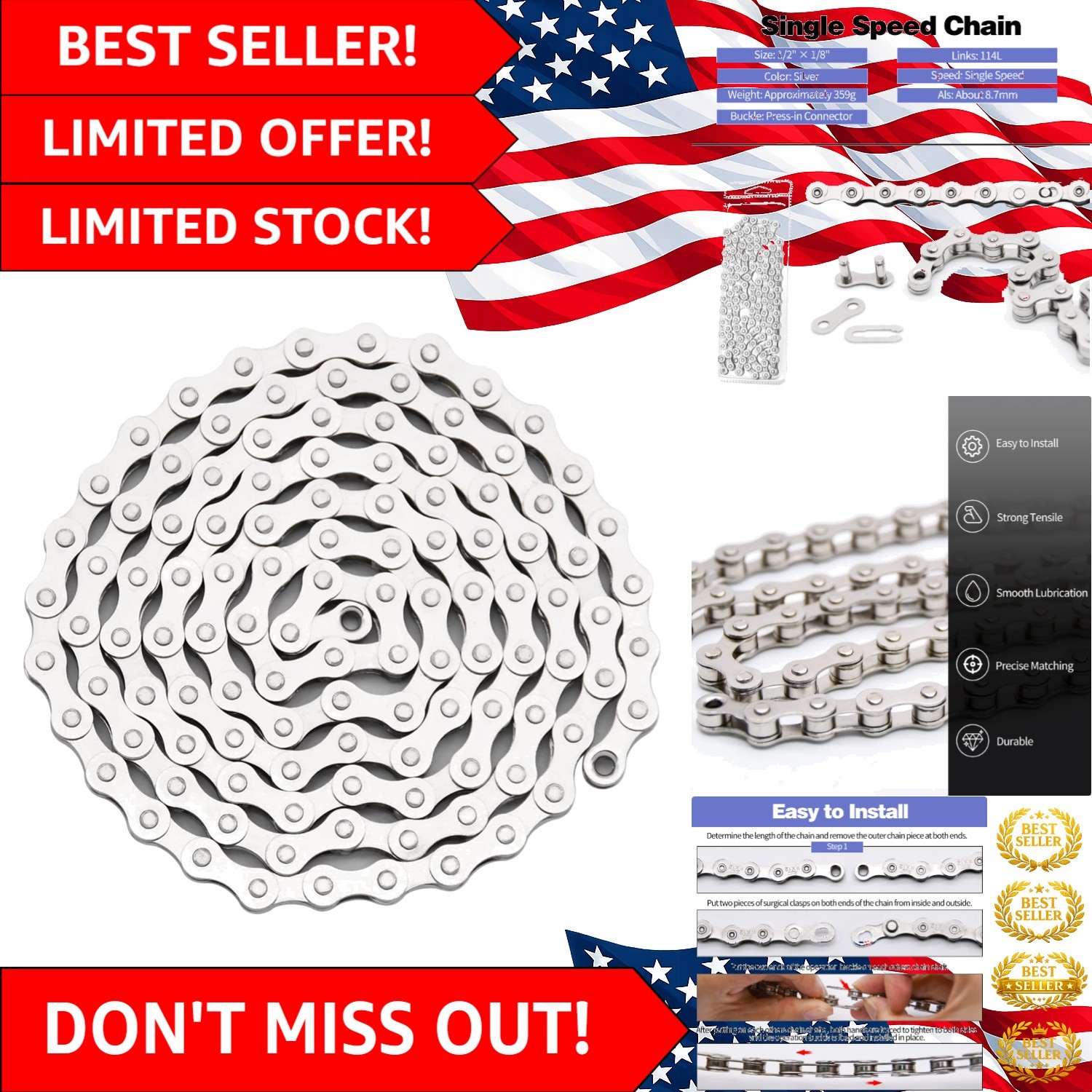 Easy Install Single Speed Bike Chain - Rust-Resistant 114 Links - Silver Finish