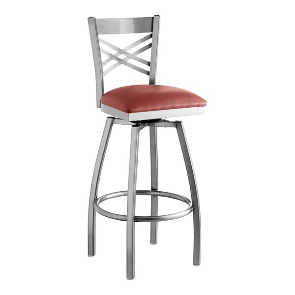 10 PACK Cross Back Clear Coat Metal Swivel Restaurant Barstool w/ Burgundy Vinyl