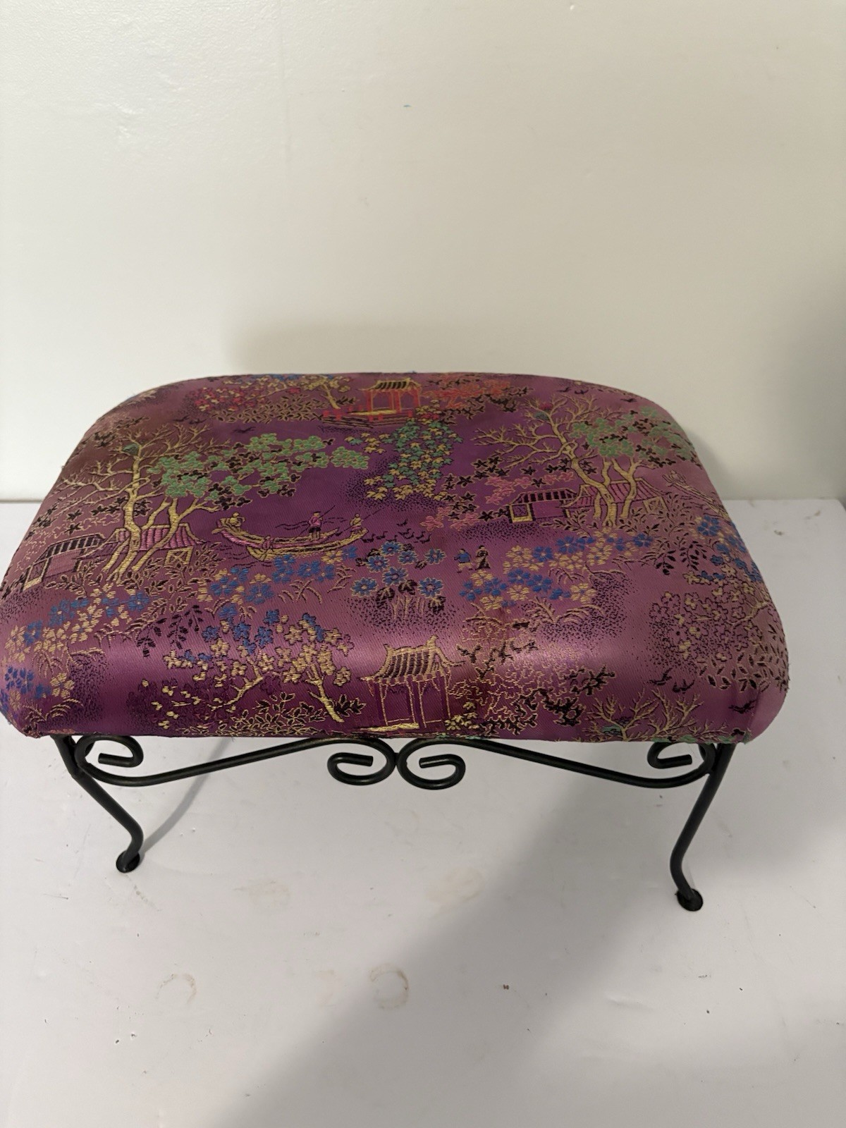 Vtg Asian Theme Fabric Top Foot Stool Rest Seat Small 7" Tall 13”Long 9” Wide