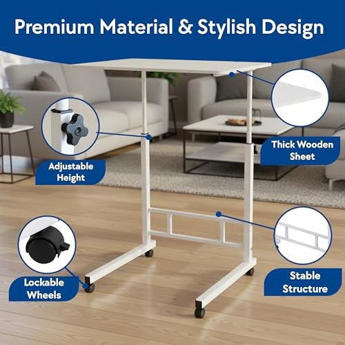 Mobile Standing Desk Adjustable Height for Laptop – Small Rolling Desk & White