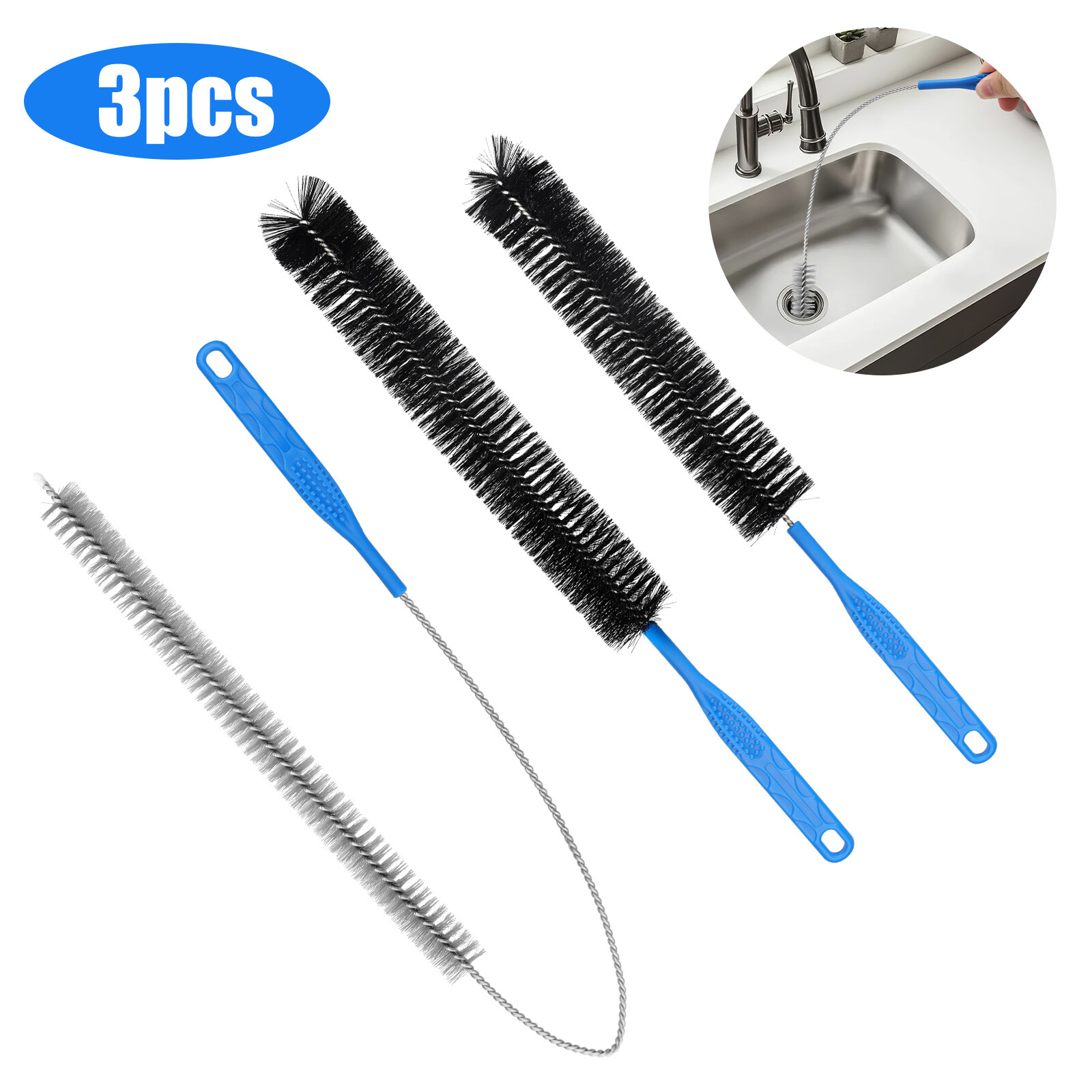 3 PCS Drain Pipe Cleaning Brush Set – Flexible Sink  Bathtub Clog Remover Tools