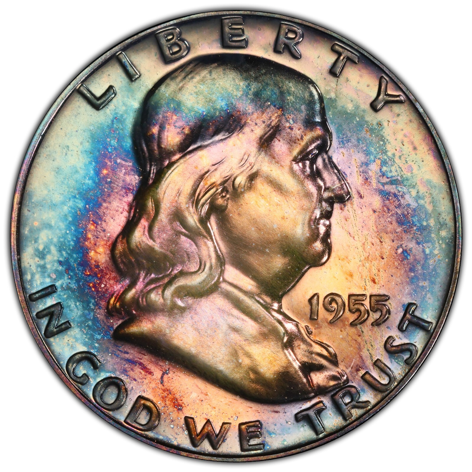 1955 Silver Proof Franklin Half Dollar PCGS PR66 Monster Rainbow Toner
