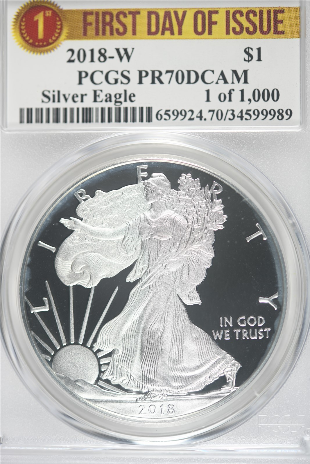 2018 W 1oz Silver Eagle PCGS PR70 DCAM - First Day of Issue - 1 of 1000