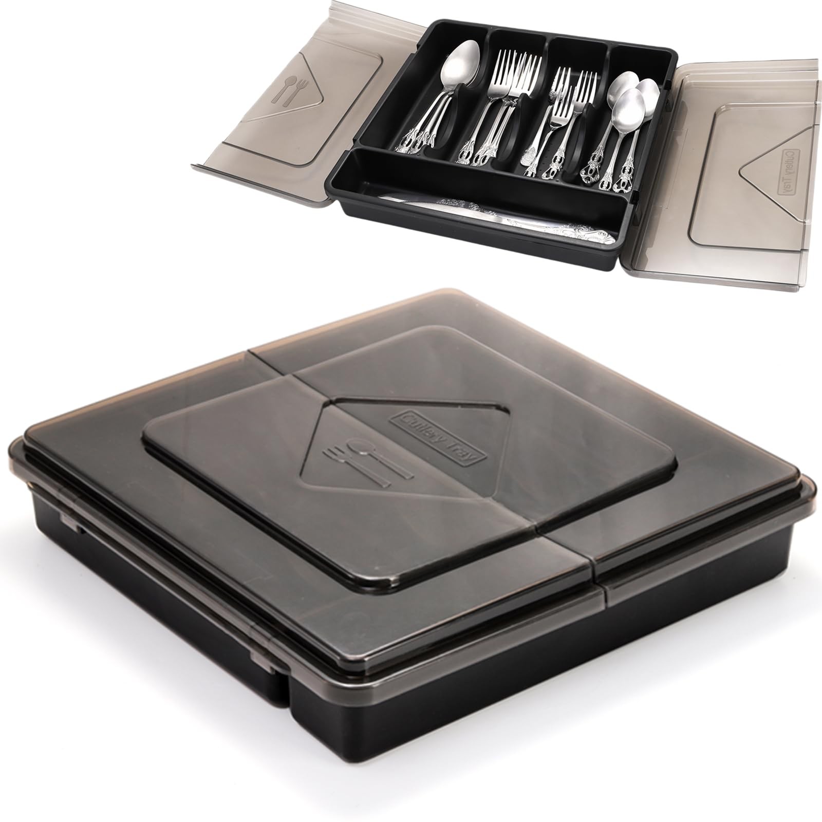 Dicunoy Silverware Organizer with Lid, Covered Utensil Drawer Black